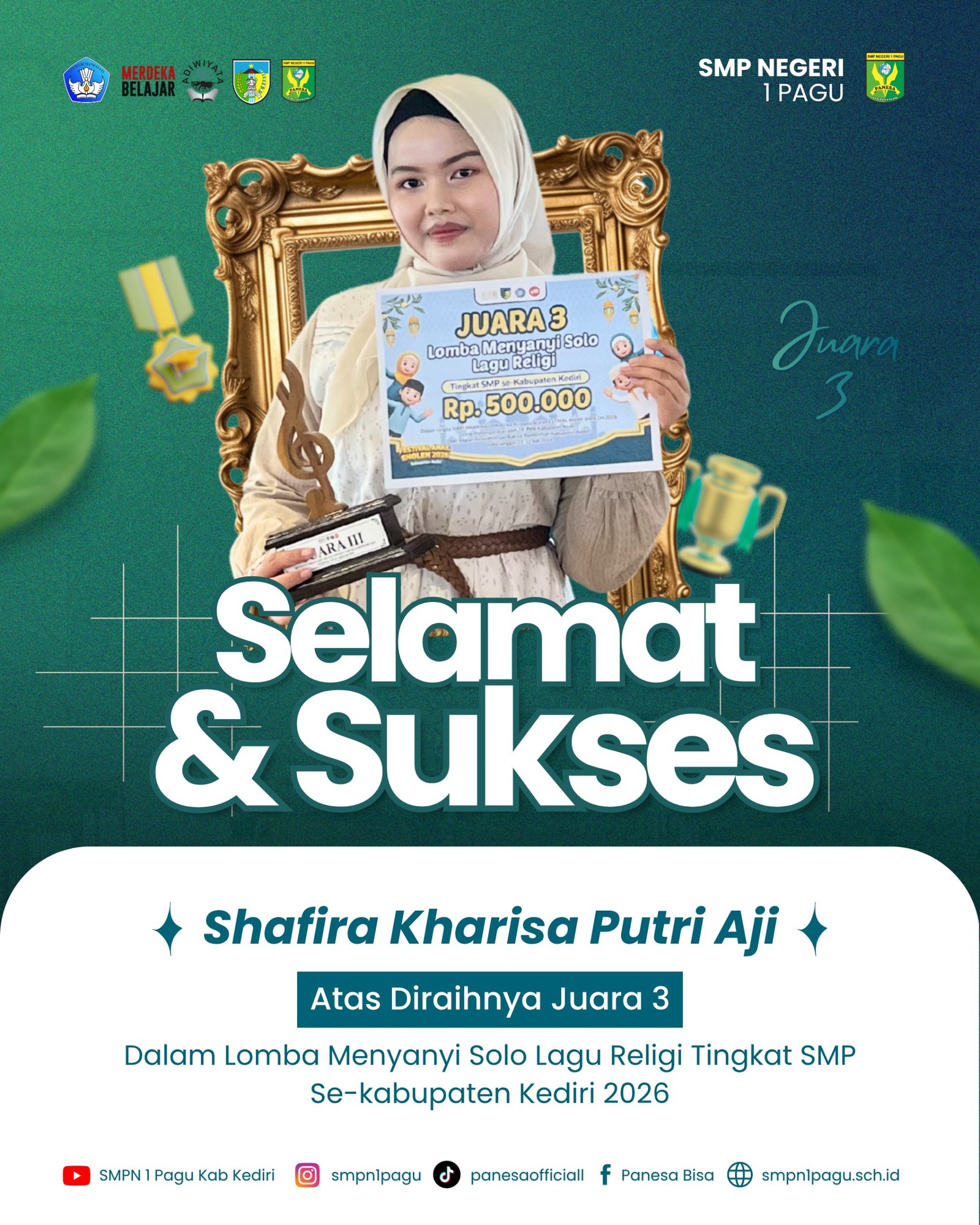 SMP Negeri 1 Pagu Kembali Berprestasi! Shafira Kharisa Putri Aji Raih Juara III Lomba Menyanyi Solo Lagu Religi Kabupaten Kediri 2026